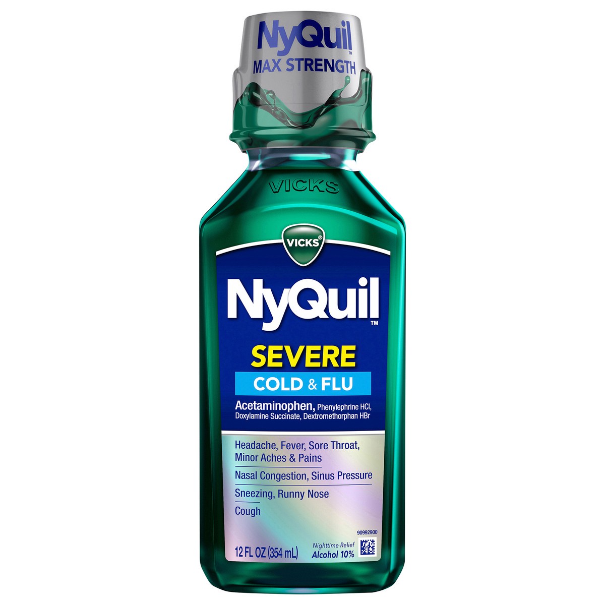 slide 1 of 9, Vicks NyQuil SEVERE Cold & Flu Relief Liquid Over-the-Counter Medicine, Powerful, Multi-Symptom Nighttime Relief for Headache, Fever, Sore Throat, Minor Aches and Pains, Nasal Congestion, Sinus Pressure, Sneezing, Runny Nose, and Cough, 12 FL OZ, 12 fl oz