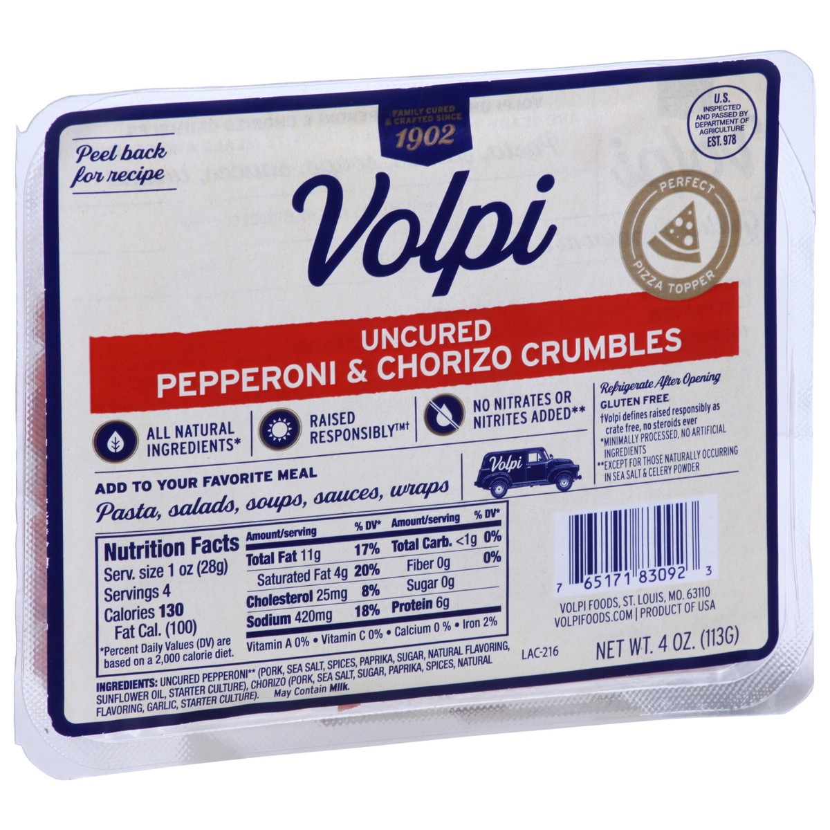 slide 5 of 9, Volpi Uncured Pepperoni & Chorizo Crumbles 4 oz, 4 oz