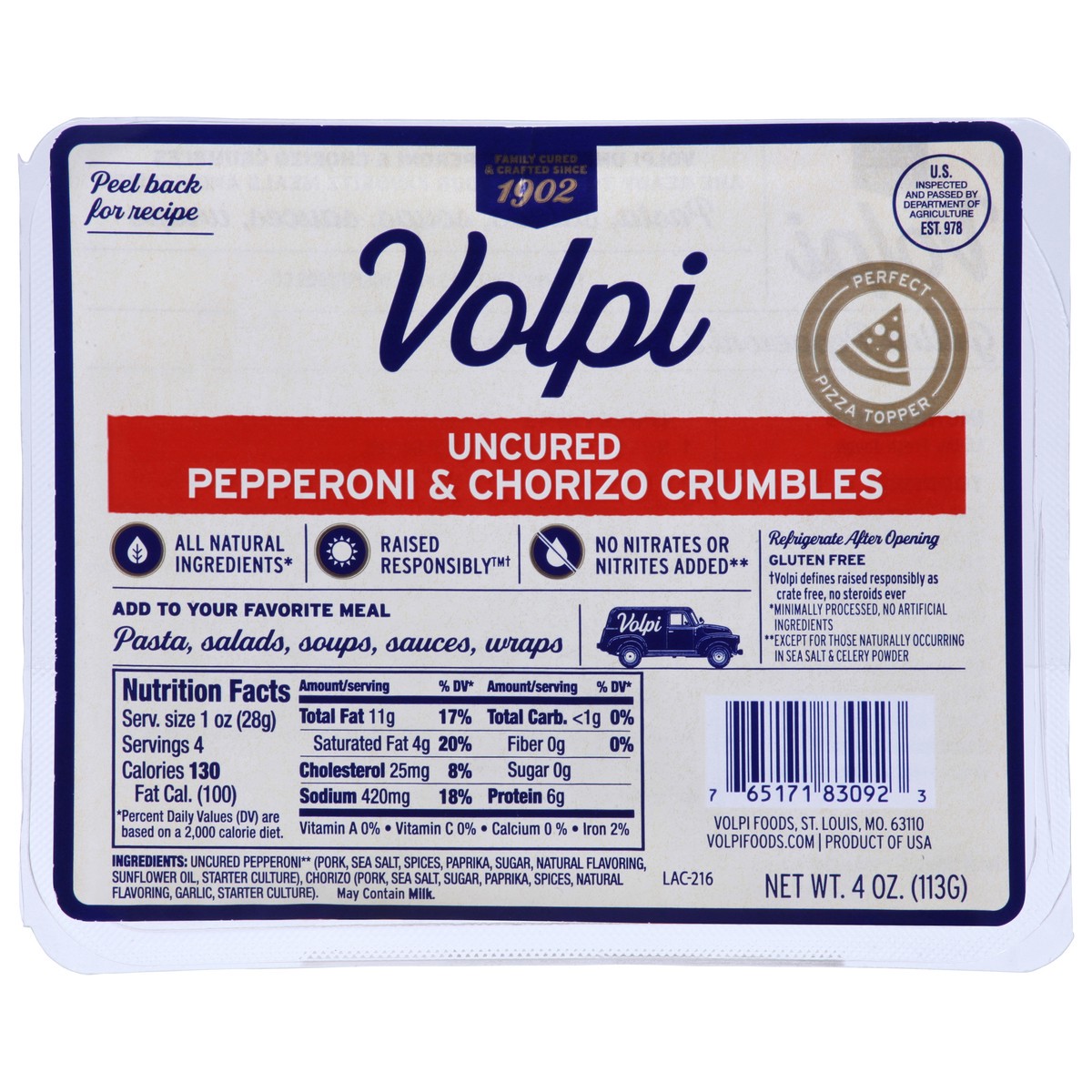 slide 1 of 9, Volpi Uncured Pepperoni & Chorizo Crumbles 4 oz, 4 oz