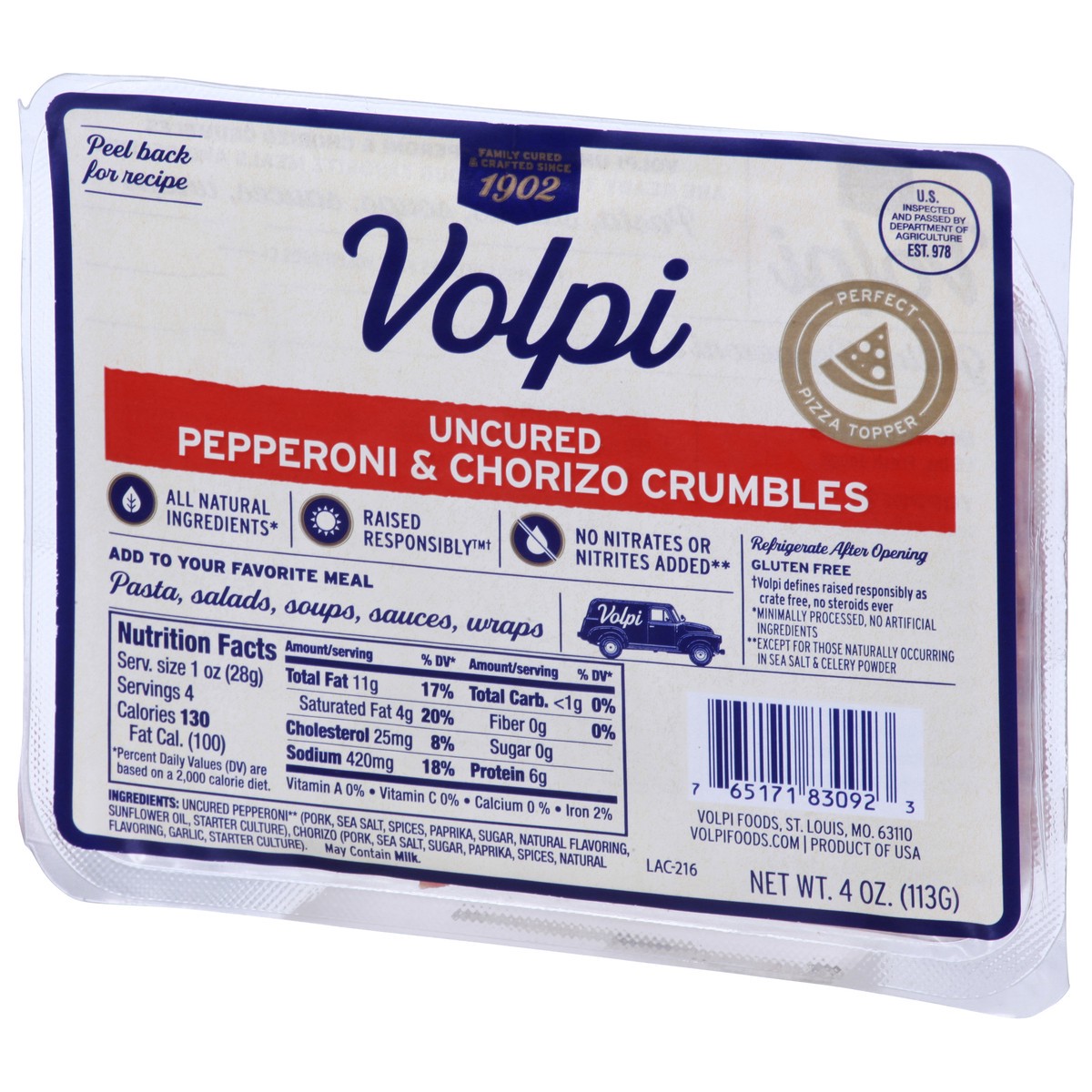 slide 7 of 9, Volpi Uncured Pepperoni & Chorizo Crumbles 4 oz, 4 oz