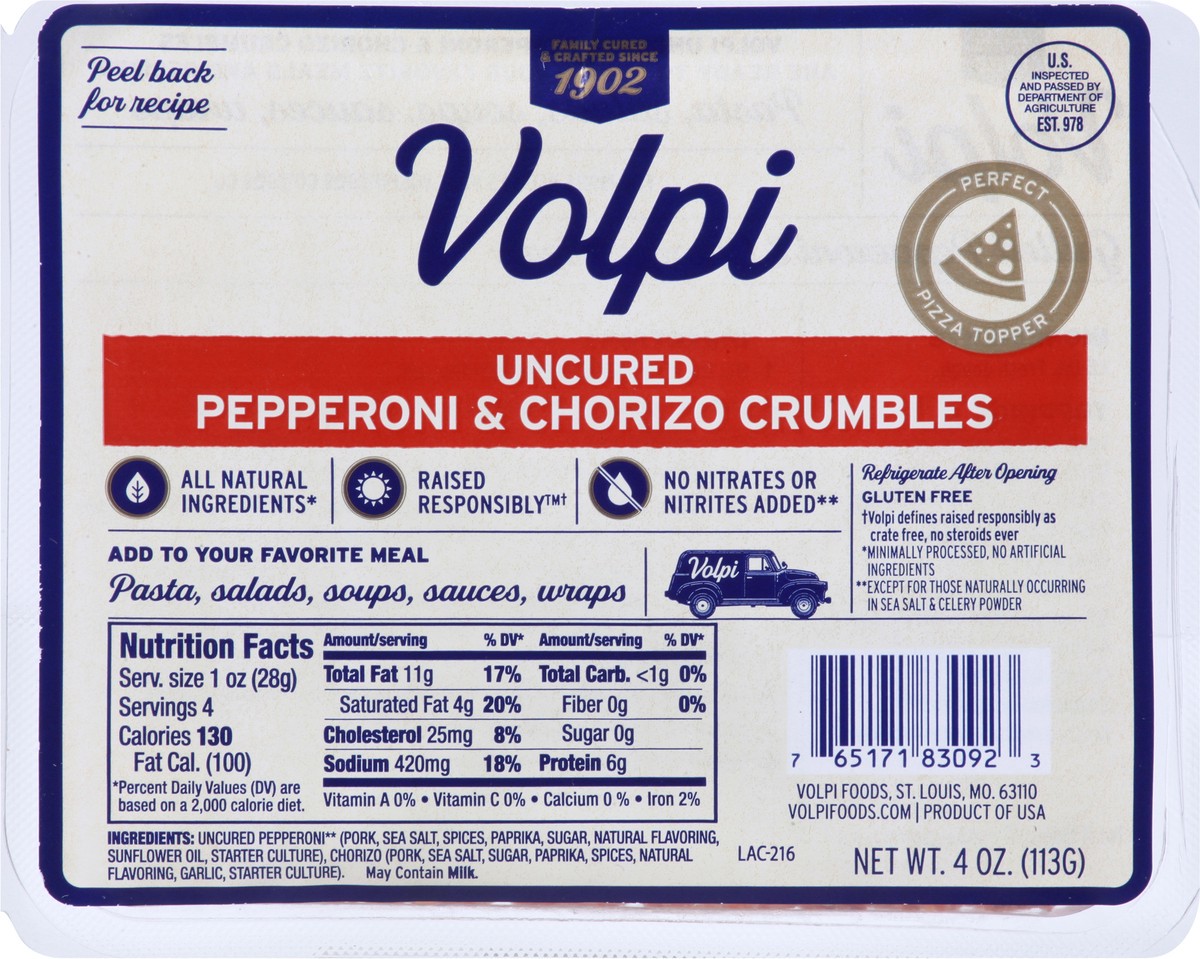 slide 4 of 9, Volpi Uncured Pepperoni & Chorizo Crumbles 4 oz, 4 oz