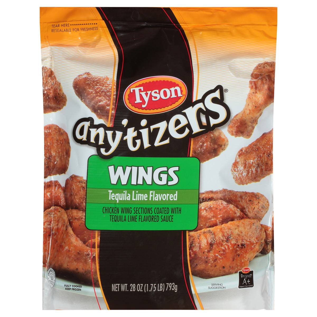 slide 7 of 11, TYSON ANYTIZERS Fully Cooked Tequila Lime Flavored Wings, Chicken Wing Sections, 8-28oz, 793.79 g