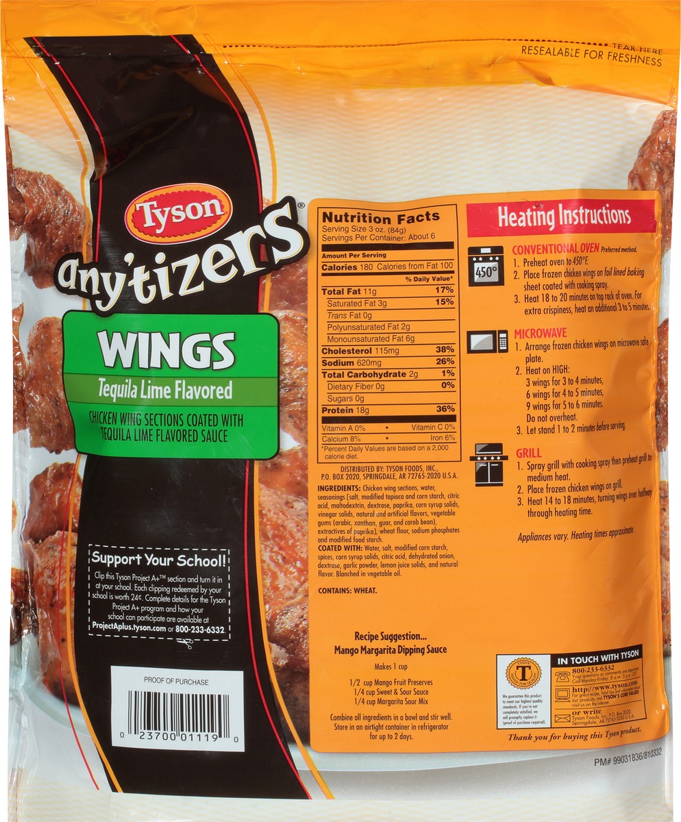 slide 10 of 11, TYSON ANYTIZERS Fully Cooked Tequila Lime Flavored Wings, Chicken Wing Sections, 8-28oz, 793.79 g