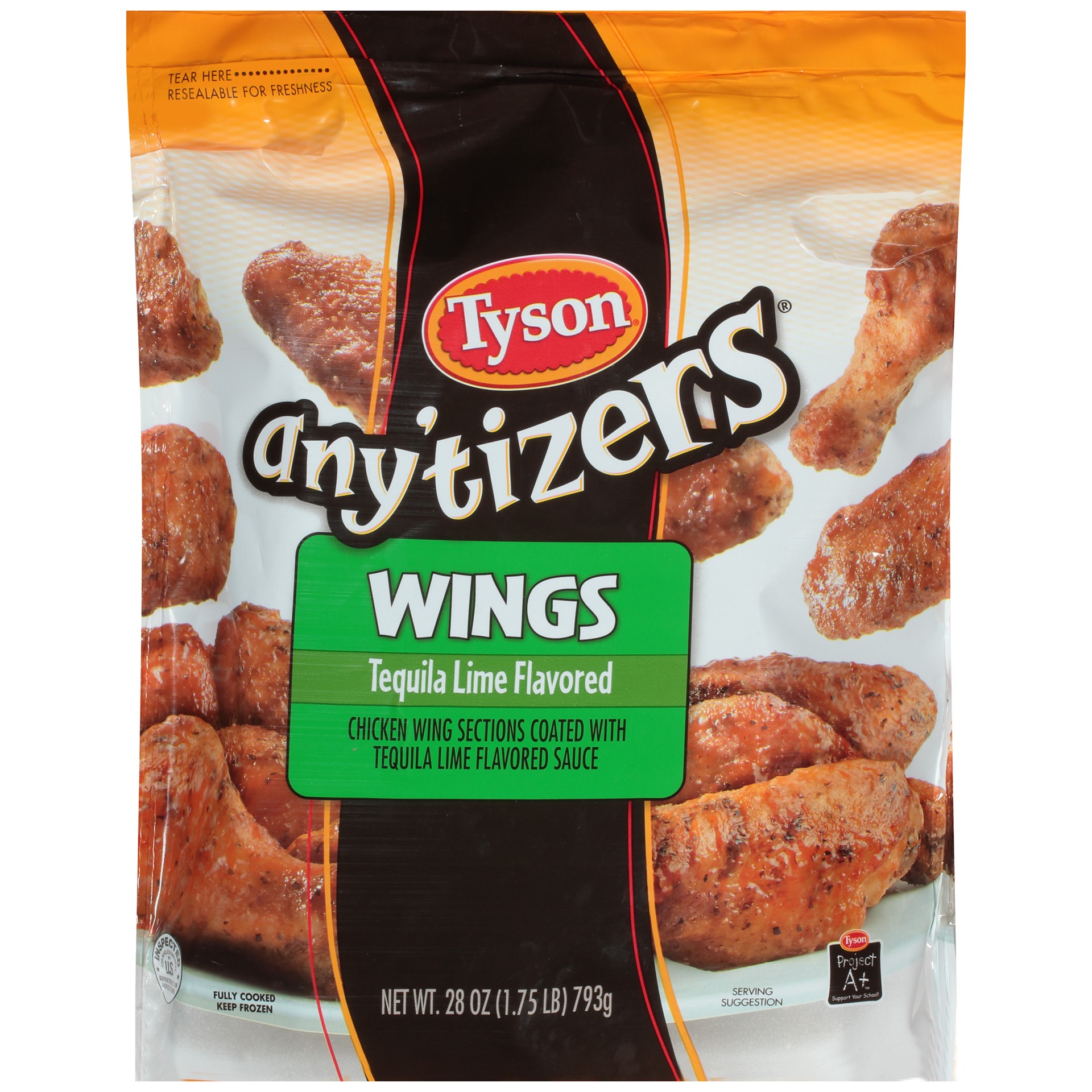 slide 1 of 11, Tyson Fully Cooked Tequila Lime Flavored Wings, Chicken Wing Sections, 8-28oz, 793.79 g