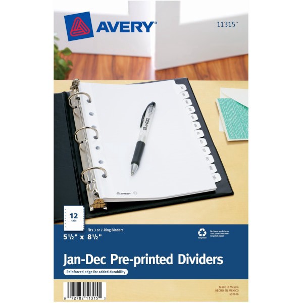 slide 1 of 5, Avery Small Preprinted Dividers, 5 1/2 x 8 1/2, White, Jan.-Dec, 1/2 gal