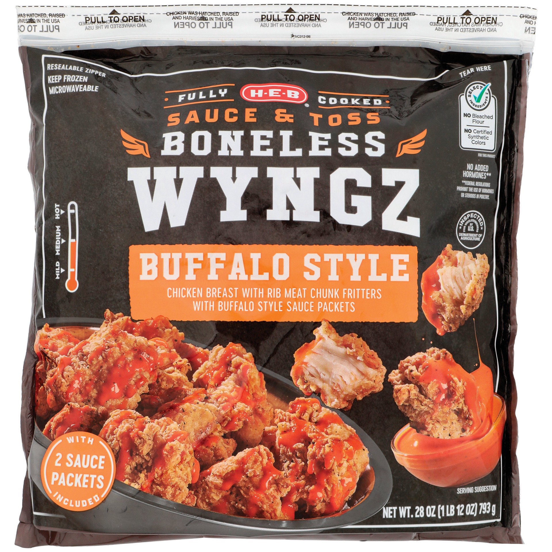 slide 1 of 1, H-E-B Fully Cooked Frozen Boneless Chicken Wyngz - Buffalo Style, 28 oz