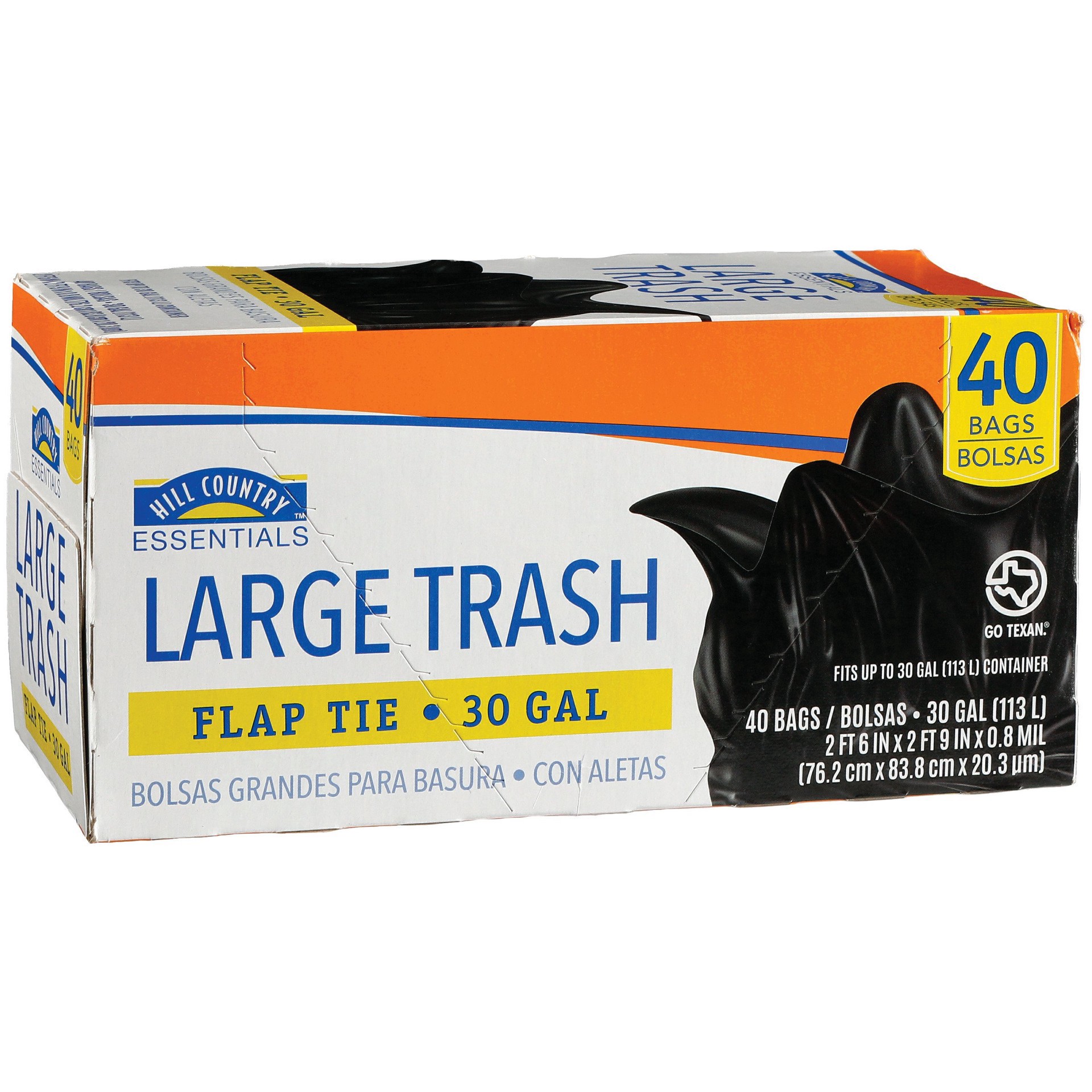 slide 1 of 1, Hill Country Essentials Large Flap Tie Trash Bags, 30 Gallon, 40 ct