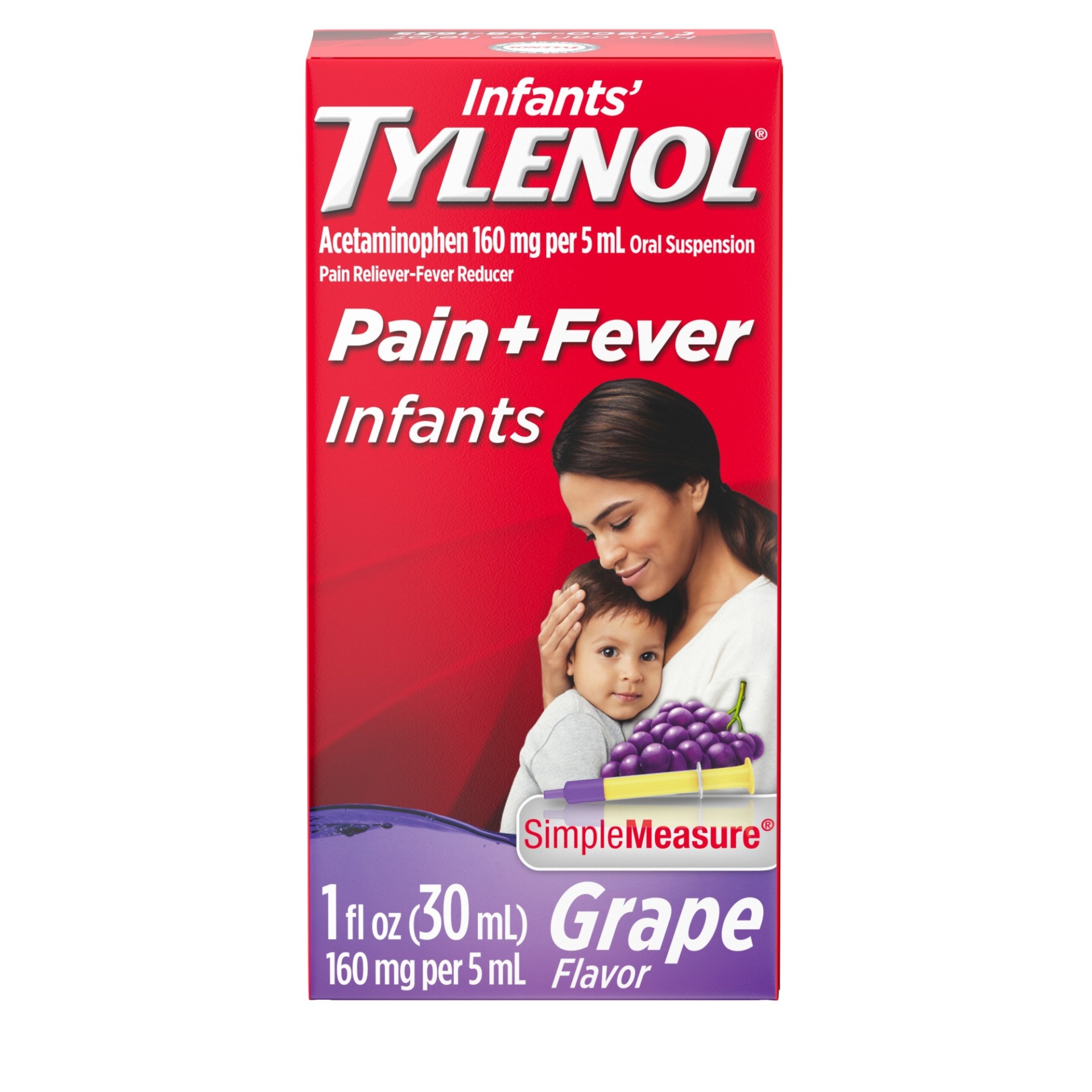 slide 1 of 5, Infants' Tylenol Oral Suspension Liquid Medicine with Acetaminophen, Baby Fever Reducer & Pain Reliever for Minor Aches & Pains, Sore Throat, Headache & Toothache, Grape Flavor, 1 fl oz