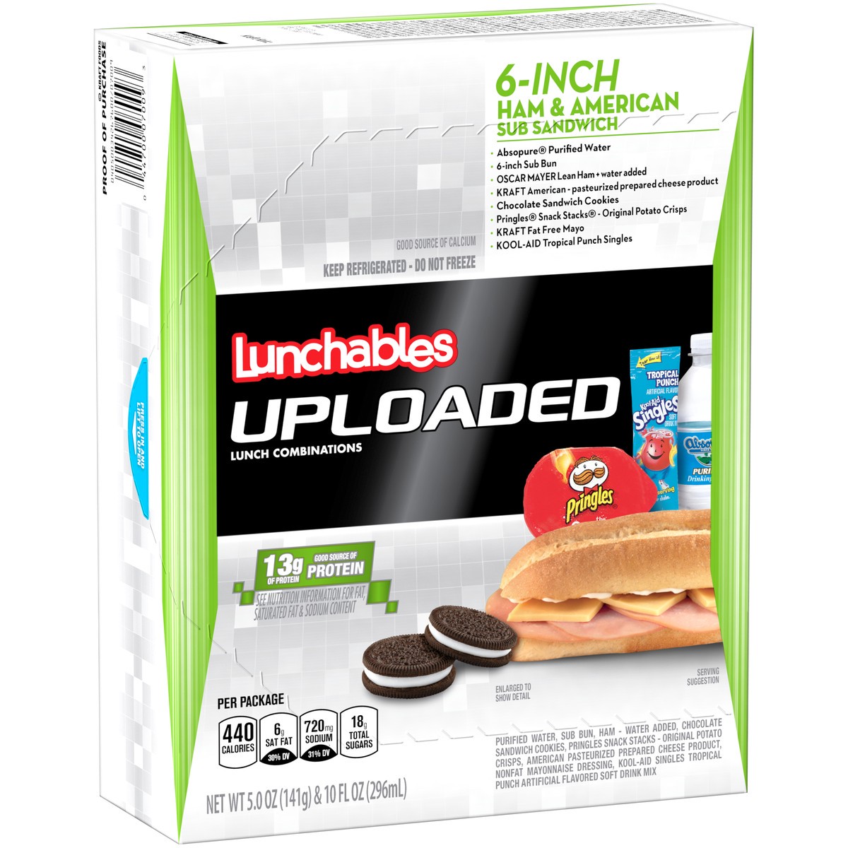 slide 2 of 9, Lunchables Uploaded 6-Inch Ham & American Cheese Sub Sandwich Meal Kit with Water, Chocolate Sandwich Cookies, Pringles Potato Crisps & Kool-Aid Tropical Punch Single, 15 oz Box, 15 oz