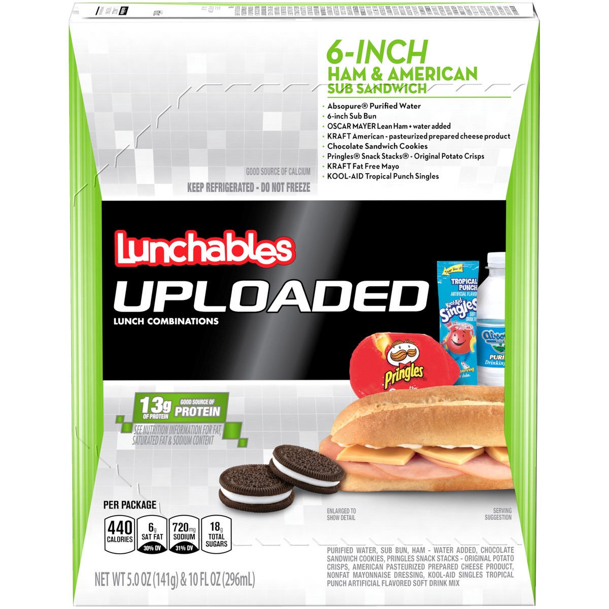 slide 1 of 9, Lunchables Uploaded 6-Inch Ham & American Cheese Sub Sandwich Meal Kit with Water, Chocolate Sandwich Cookies, Pringles Potato Crisps & Kool-Aid Tropical Punch Single, 15 oz Box, 15 oz