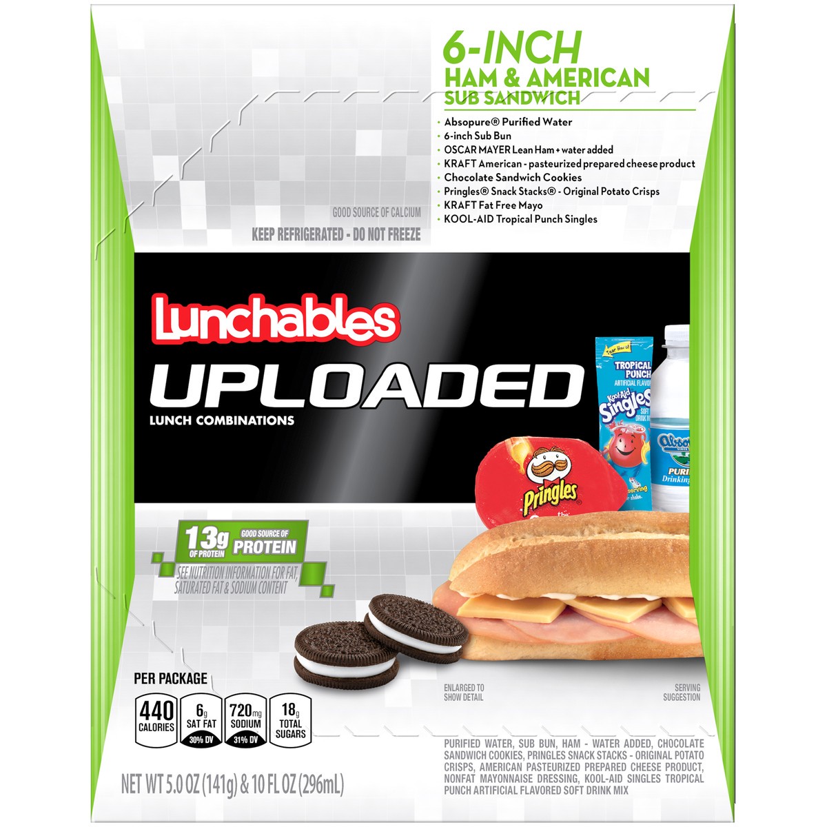 slide 6 of 9, Lunchables Uploaded 6-Inch Ham & American Cheese Sub Sandwich Meal Kit with Water, Chocolate Sandwich Cookies, Pringles Potato Crisps & Kool-Aid Tropical Punch Single, 15 oz Box, 15 oz