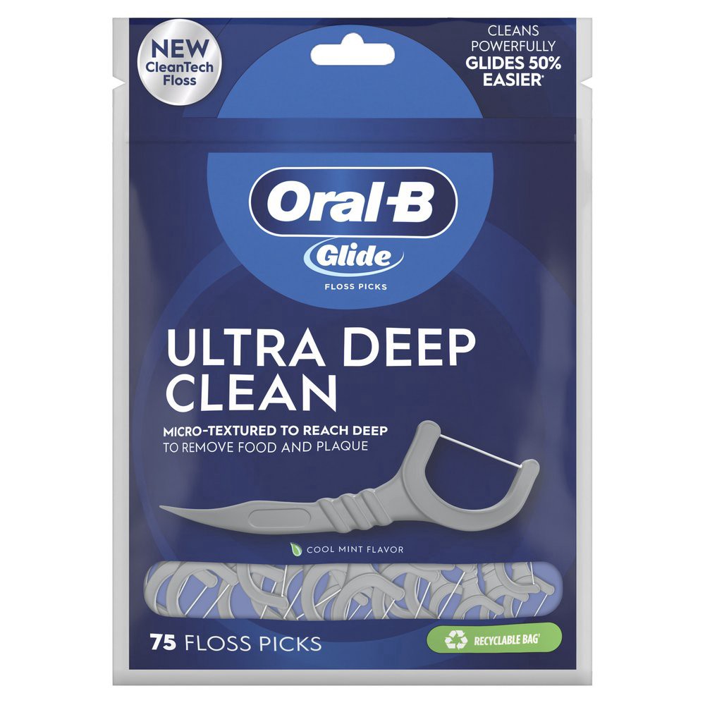 slide 1 of 1, Oral-B Glide Ultra Deep Clean Floss Picks, Removes Food and Plaque, Cool Mint Flavor, 75 Floss Picks, 75 ct