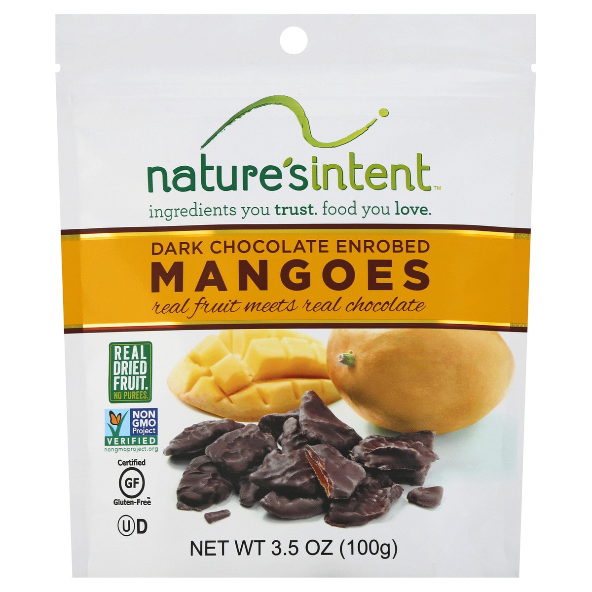 slide 1 of 7, Nature's Intent Dark Chocolate Enrobed Mangoes, 3.5 oz