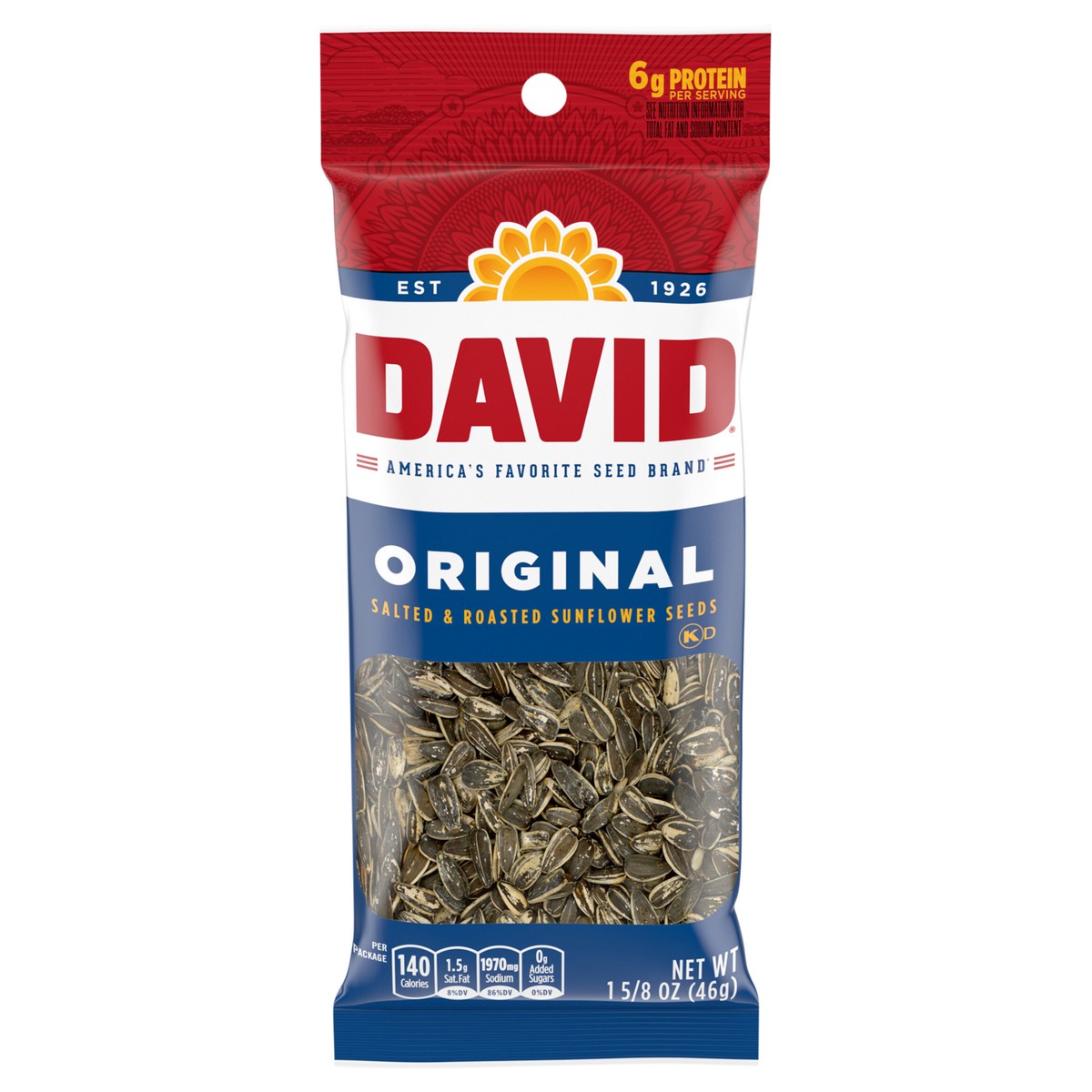 slide 1 of 5, DAVID Roasted and Salted Sunflower Seeds, Original Flavor, 1.625oz., 1.62 oz