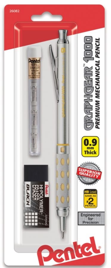 slide 2 of 2, Pentel Graph Gear 1000 Mechanical Drafting Pencil, 0.9 Mm, Hb Hardness, Silver/Yellow Barrel, 1 ct
