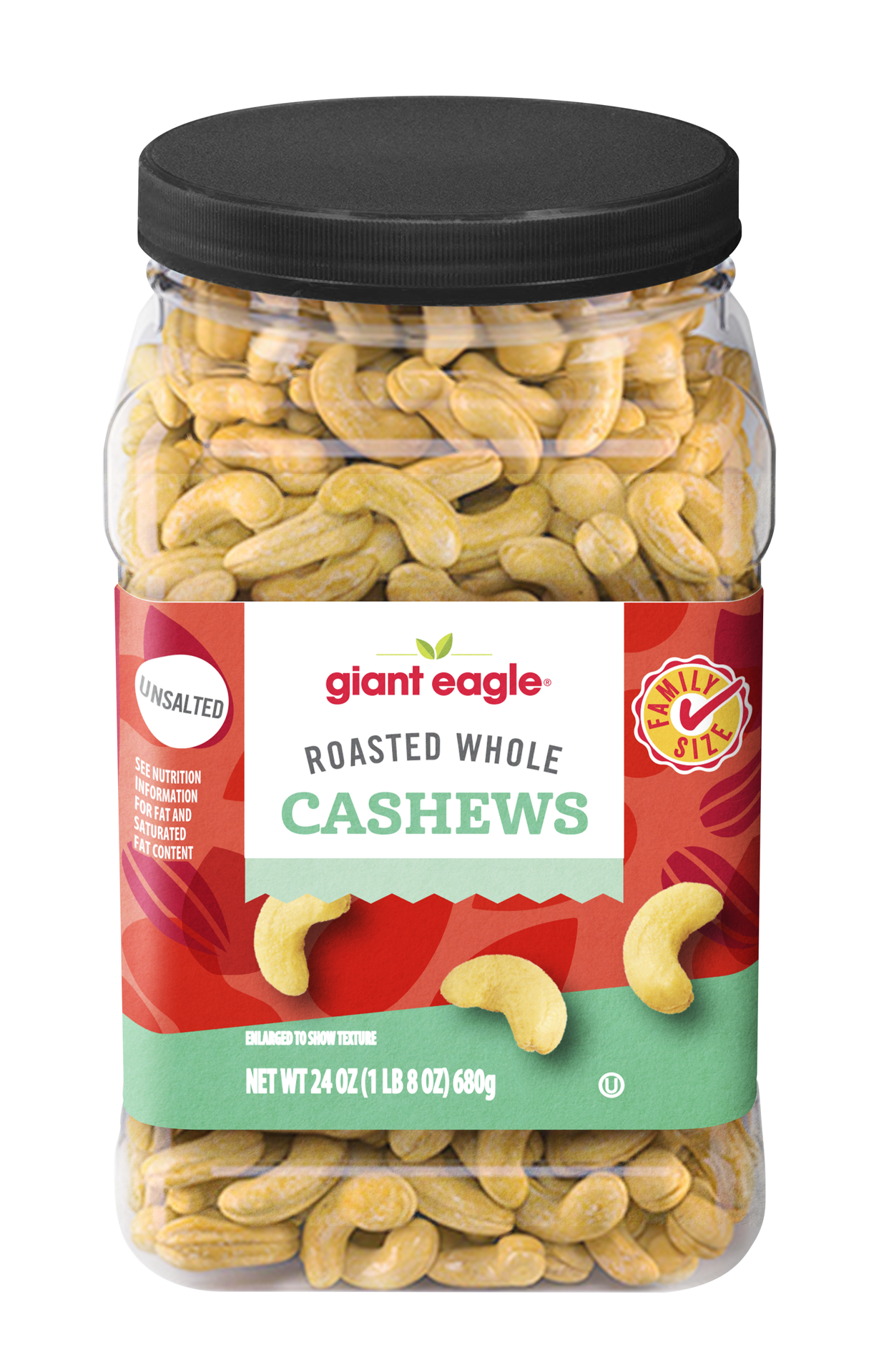 slide 1 of 1, Giant Eagle Whole Cashews, Roasted, Unsalted, 24oz, Family Size, 24 oz