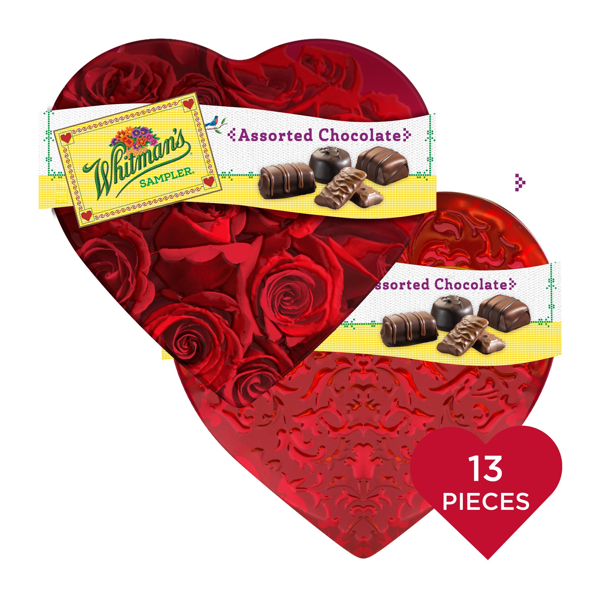 slide 1 of 9, Whitman's Sampler Valentine's Day Floral Heart Assorted Milk & Dark Chocolate Gift Tin, 10 oz. (˜ 13 pieces), 7 oz