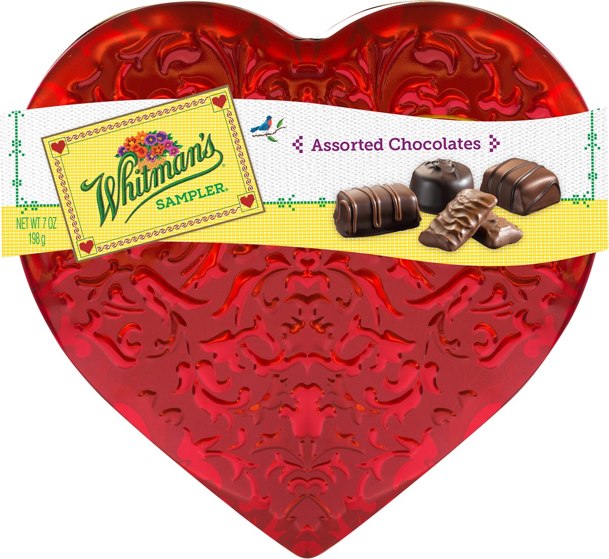 slide 8 of 9, Whitman's Sampler Valentine's Day Floral Heart Assorted Milk & Dark Chocolate Gift Tin, 10 oz. (˜ 13 pieces), 7 oz