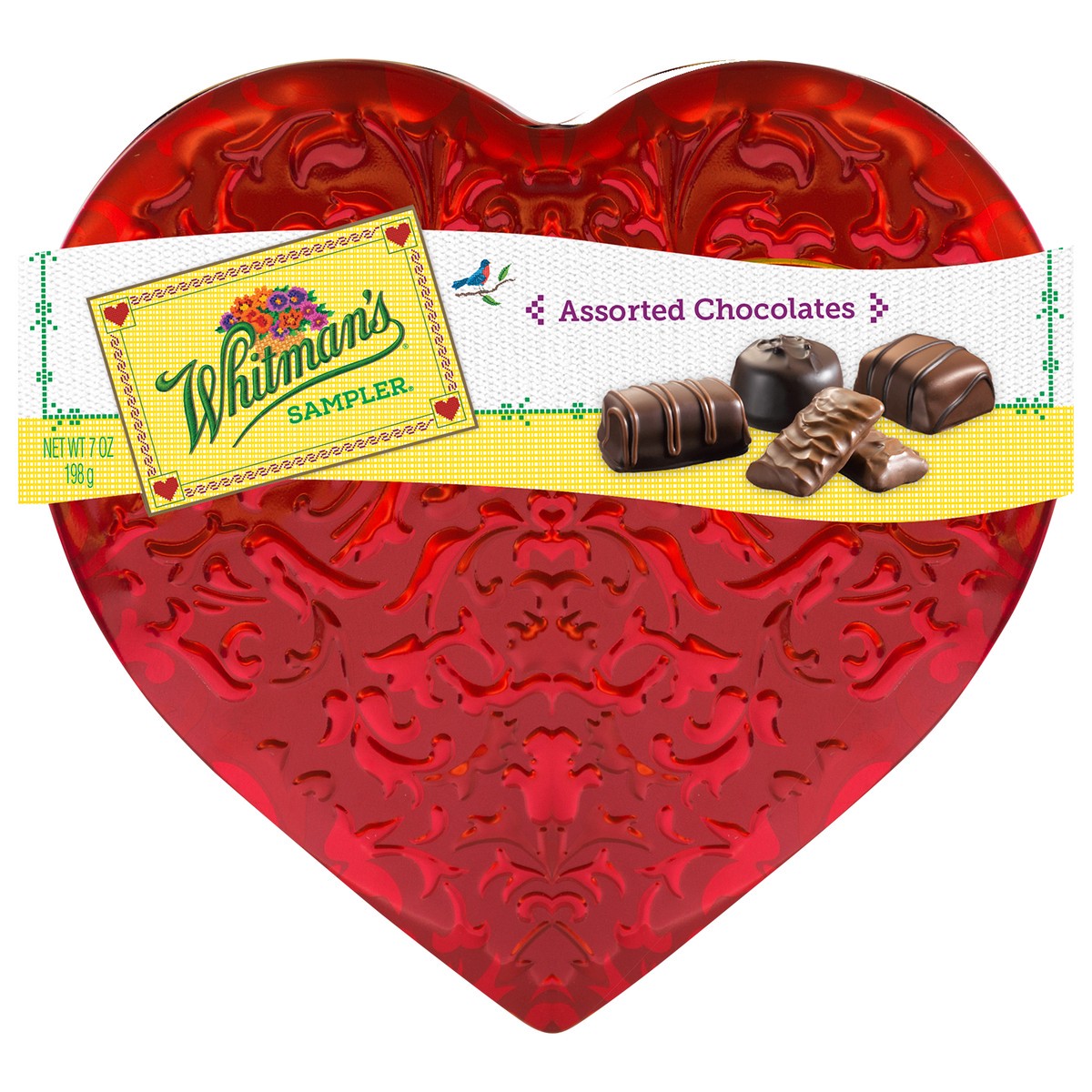 slide 9 of 9, Whitman's Sampler Valentine's Day Floral Heart Assorted Milk & Dark Chocolate Gift Tin, 10 oz. (˜ 13 pieces), 7 oz