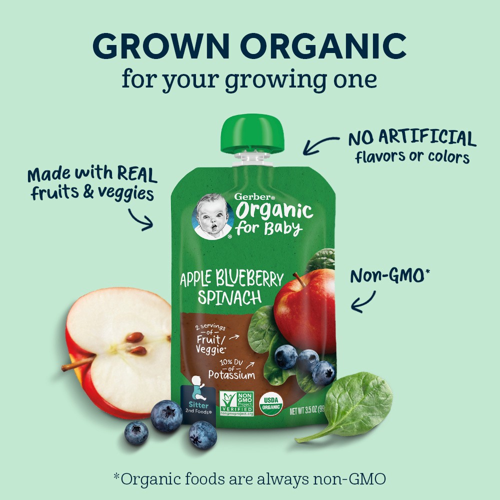 slide 3 of 5, Gerber Organic Baby Food,Apple Zucchini Spinach Strawberry, 3.5 oz