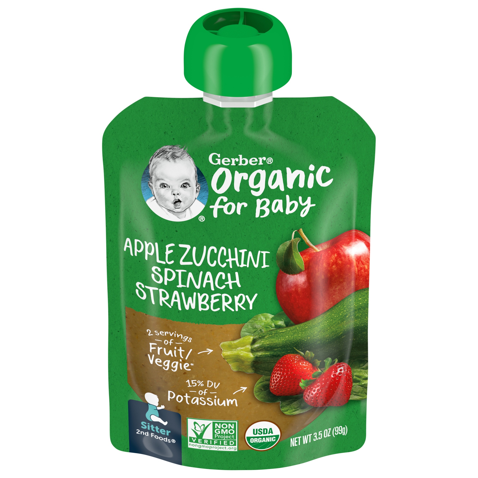 slide 1 of 6, Gerber 2nd Foods Organic Apples Zucchini Spinach Strawberries Pouch, 3.5 oz