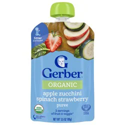 Gerber Stage 2 Baby Food, Organic Apple Zucchini Spinach Strawberry Puree, 3.5 oz Pouch