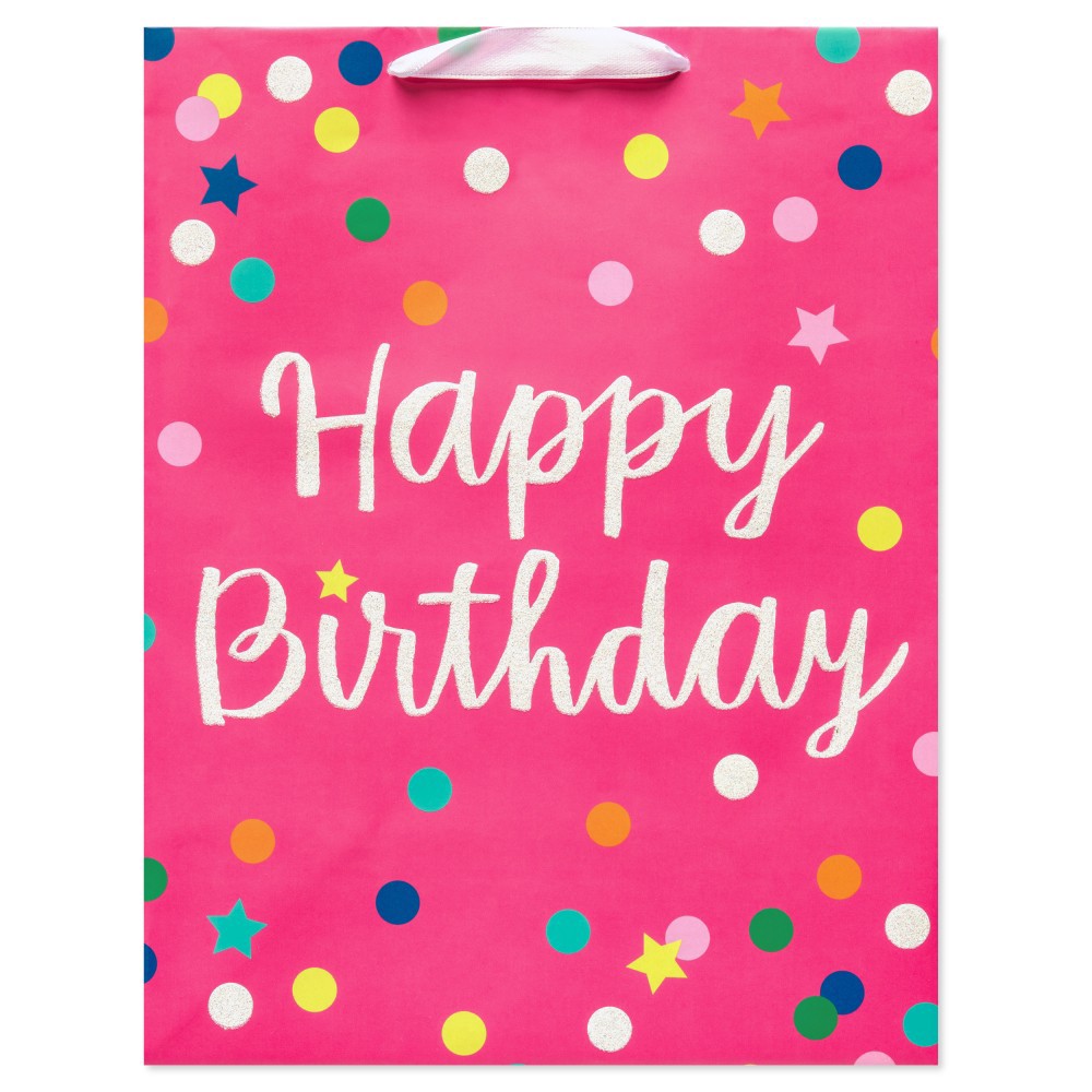 slide 2 of 4, American Greetings Celebrate anyone''s birthday with this large gift bag from American Greetings! This large bag features a glittered “Happy Birthday” with multicolored dots and stars. Perfect for any recipient of any age. Large gift bags are perfect for wrapping special gifts like clothing, home decor items, toys, stuffed animals, electronics, and other hard-to-wrap presents. Add to the celebration with coordinating tissue paper (sold separately) to complete the perfect birthday package!, 1 ct