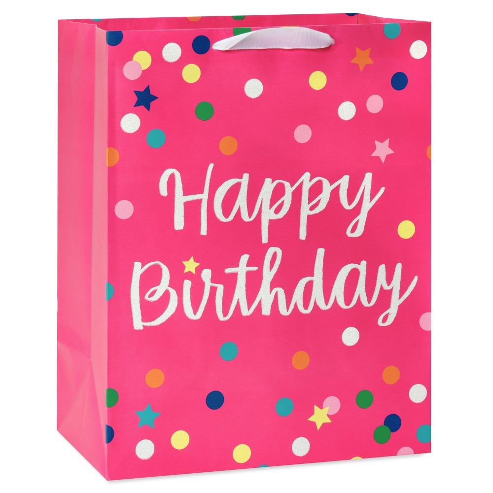 slide 1 of 4, American Greetings Celebrate anyone''s birthday with this large gift bag from American Greetings! This large bag features a glittered “Happy Birthday” with multicolored dots and stars. Perfect for any recipient of any age. Large gift bags are perfect for wrapping special gifts like clothing, home decor items, toys, stuffed animals, electronics, and other hard-to-wrap presents. Add to the celebration with coordinating tissue paper (sold separately) to complete the perfect birthday package!, 1 ct