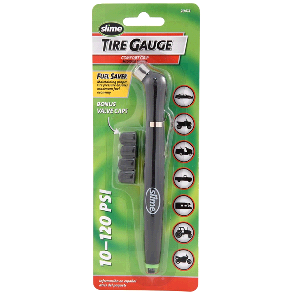 slide 1 of 1, Slime Comfort fit tire gauge with caps #20474, 1 ct