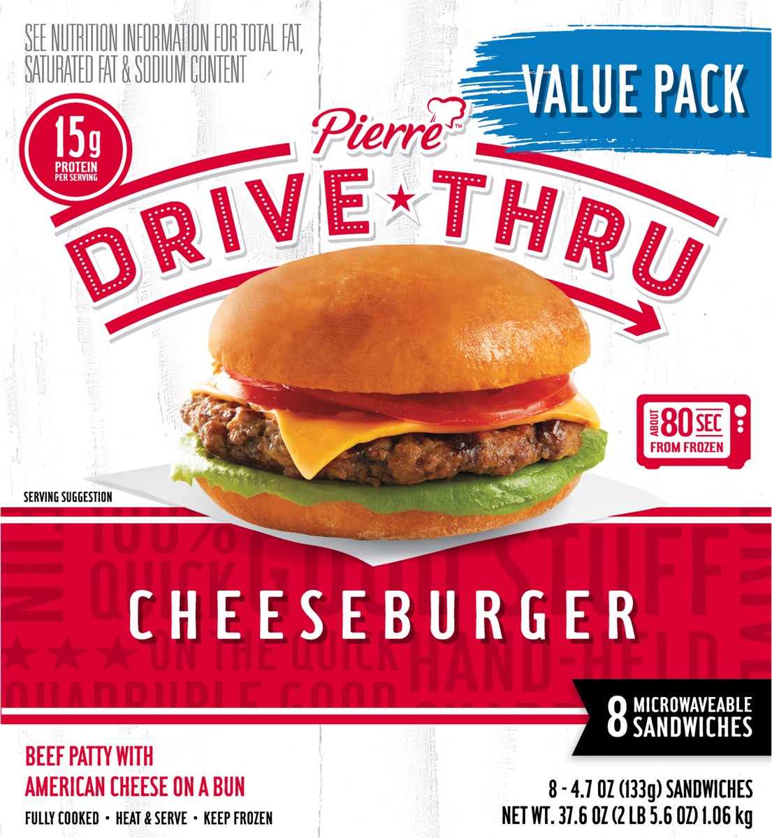 slide 8 of 9, Pierre Drive Thru Cheeseburgers Value Pack, 8 Count (Frozen), 1.07 kg