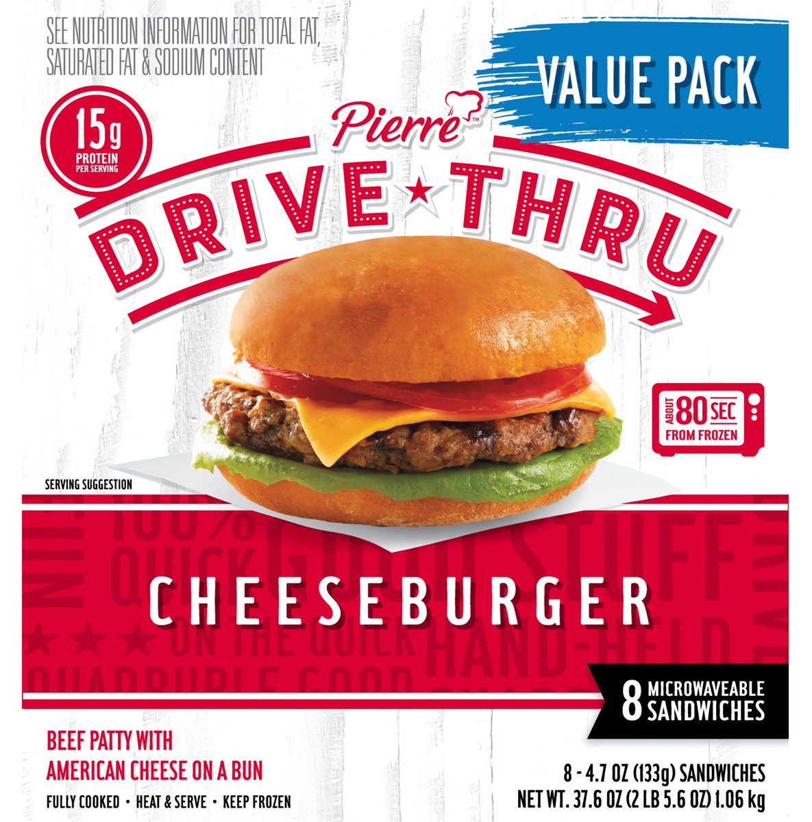 slide 3 of 9, Pierre Drive Thru Cheeseburgers Value Pack, 8 Count (Frozen), 1.07 kg