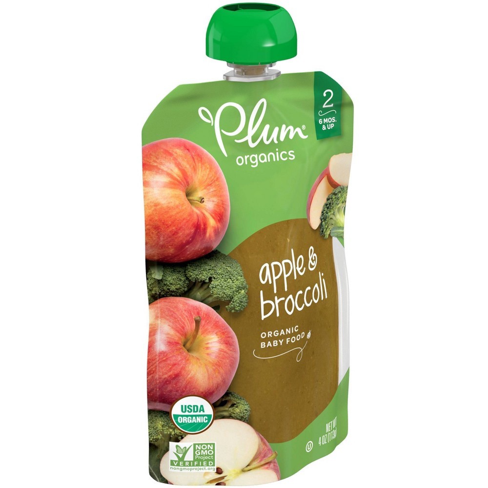 slide 7 of 7, Plum Organics Stage 2 Organic Baby Food Apple + Broccoli 4oz Pouch, 4 oz