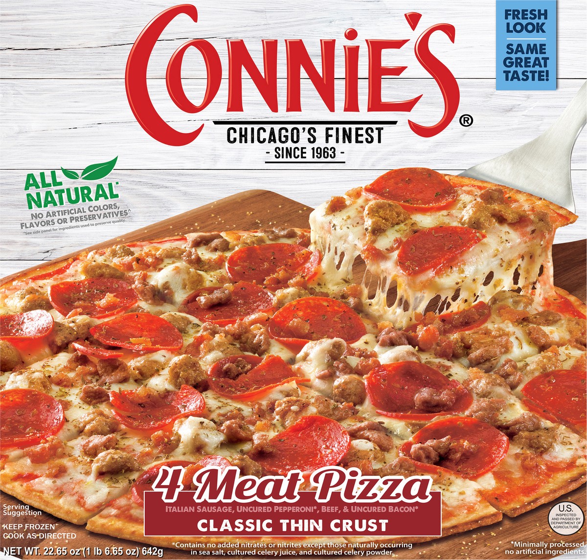 slide 14 of 14, Connie's Classic Thin Crust 4 Meat Pizza 22.65 oz, 22.65 oz