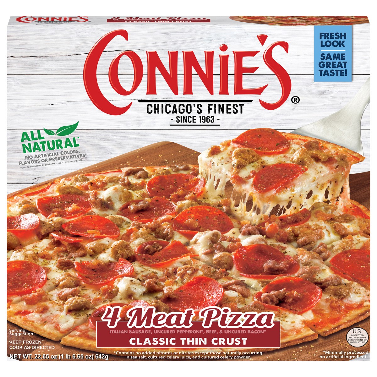 slide 11 of 14, Connie's Classic Thin Crust 4 Meat Pizza 22.65 oz, 22.65 oz