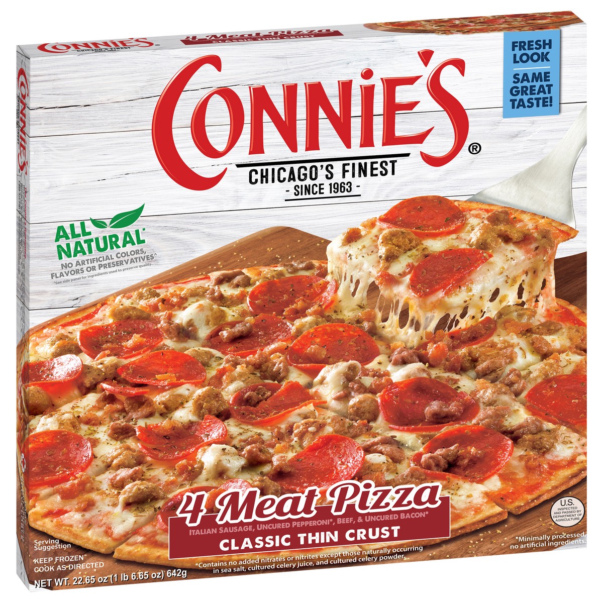 slide 2 of 14, Connie's Classic Thin Crust 4 Meat Pizza 22.65 oz, 22.65 oz