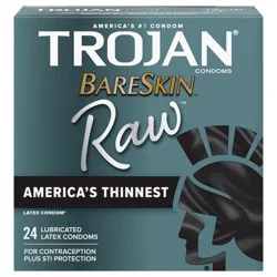 Trojan Bareskin Raw Condoms, Thin Condoms, 24 Count Lubricated Condoms