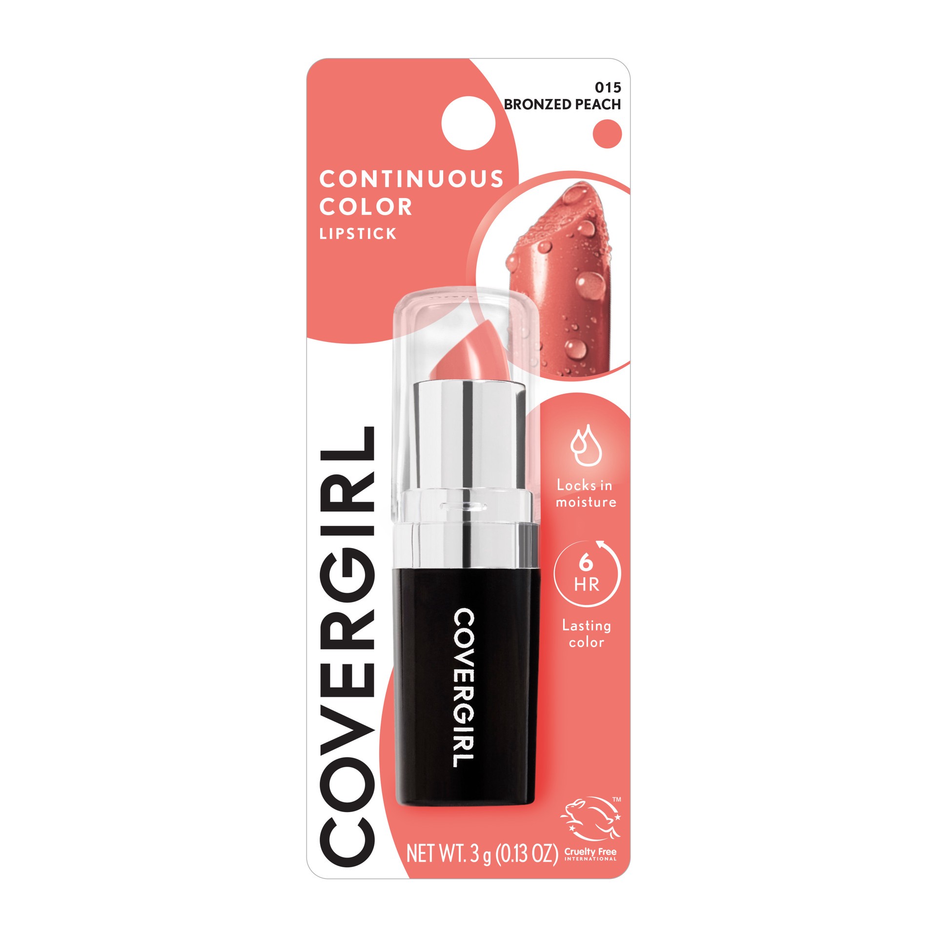 slide 1 of 1, Covergirl COVERGIRL Continuous Color Lipstick Bronzed Peach 015, Vitamin A & E, .13 fl oz ,Moisturizing Lipstick, Long Lasting Lipstick, Extended Palette of Shades, Keeps Lips Soft, 3 g