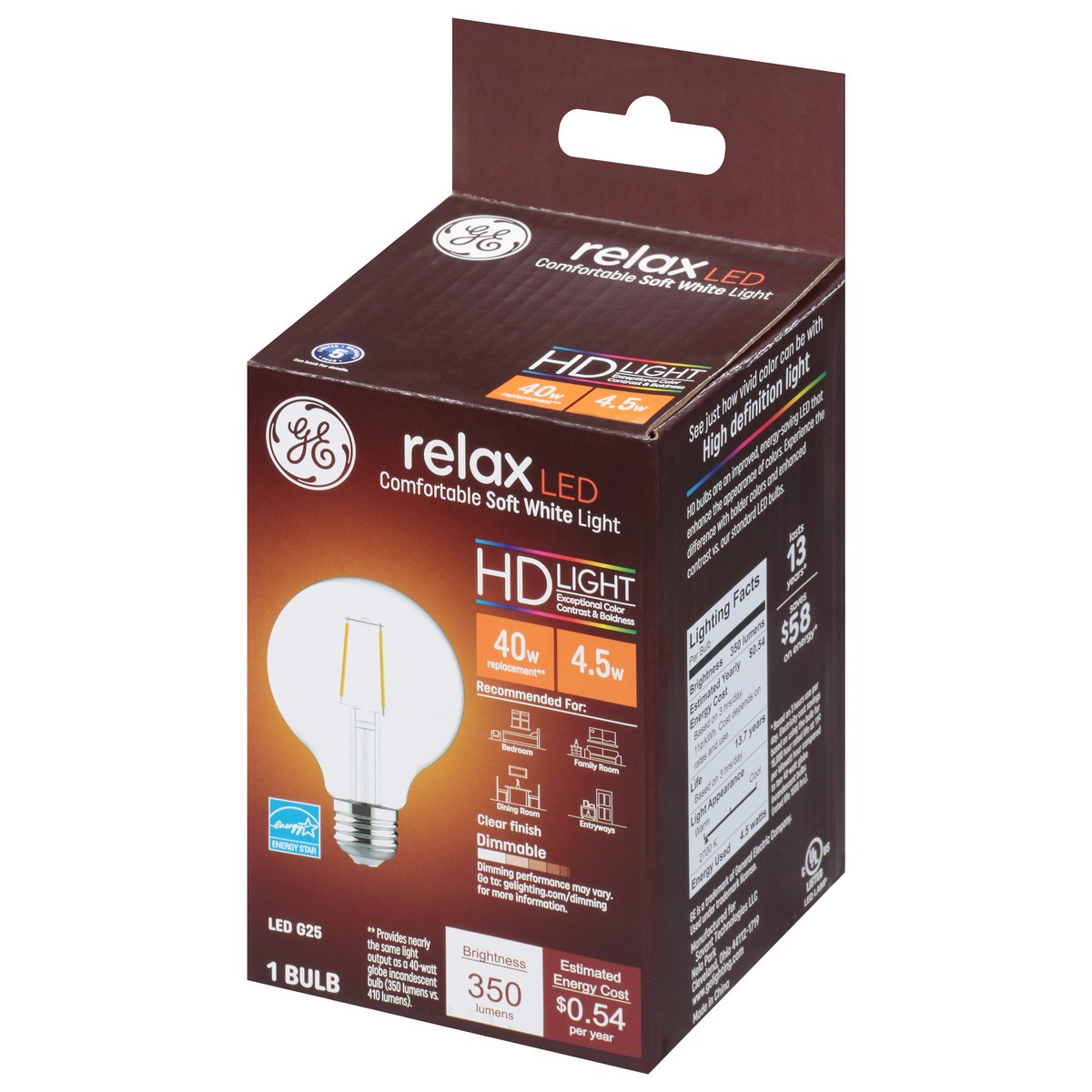 slide 6 of 9, GE Household Lighting Relax LED HD Globe Light Bulb 4.5W 40W Equivalent, 1 ct