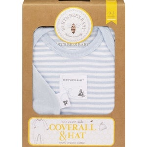 slide 1 of 1, Burt's Bees Baby Blue Striped Coverall & Solid Hat 0-3 Months, 1 ct