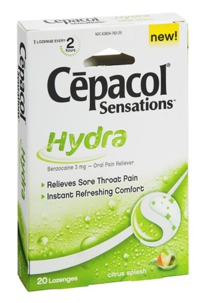 slide 1 of 1, Cepacol Sensations Hydra Bezocaine Oral Pain Reliever Citrus Splash, 20 ct