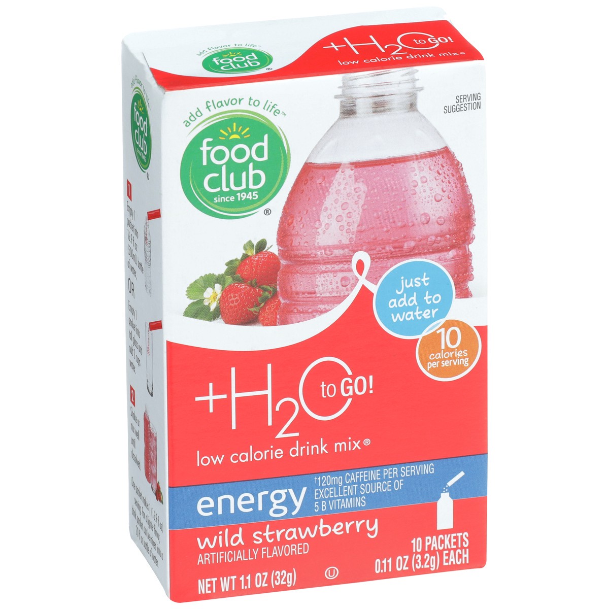 slide 2 of 9, Food Club +h2o To Go!, Wild Strawberry Energy Low Calorie Drink Mix, 10 ct