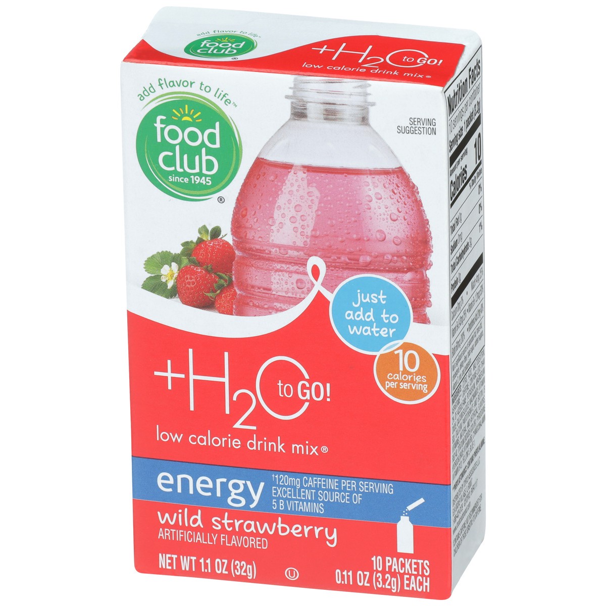 slide 8 of 9, Food Club +h2o To Go!, Wild Strawberry Energy Low Calorie Drink Mix, 10 ct