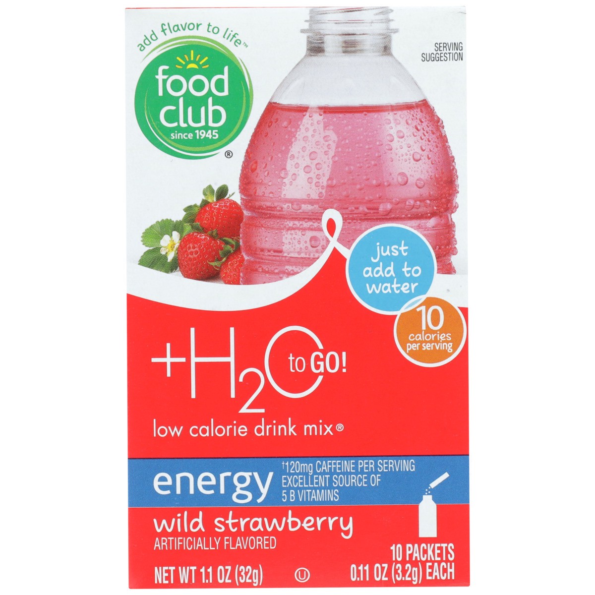 slide 4 of 9, Food Club +h2o To Go!, Wild Strawberry Energy Low Calorie Drink Mix, 10 ct