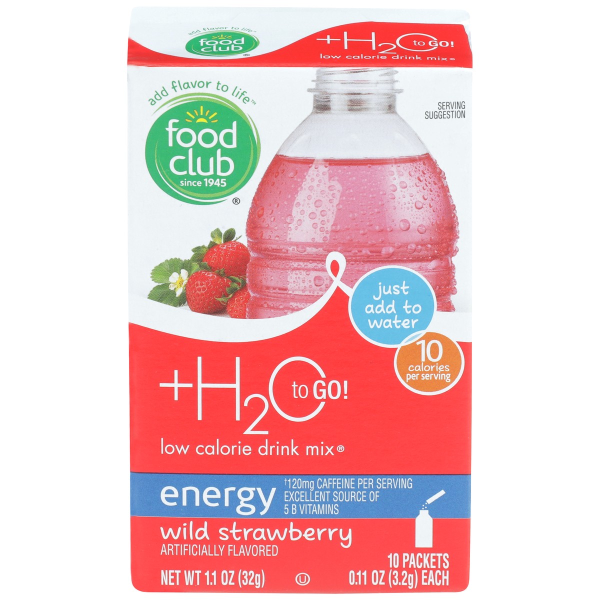 slide 1 of 9, Food Club +h2o To Go!, Wild Strawberry Energy Low Calorie Drink Mix, 10 ct