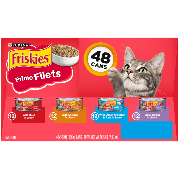 slide 11 of 13, Friskies Purina Friskies Wet Cat Food Variety Pack, Prime Filets Beef, Chicken, Ocean Whitefish & Turkey - (48) 5.5 oz. Cans, 5 oz, 48 ct