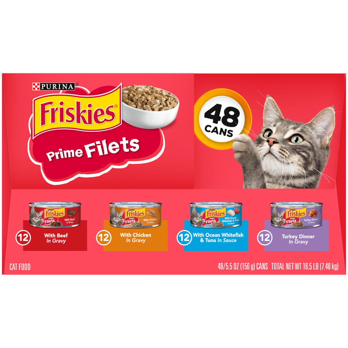 slide 8 of 13, Friskies Purina Friskies Wet Cat Food Variety Pack, Prime Filets Beef, Chicken, Ocean Whitefish & Turkey - (48) 5.5 oz. Cans, 5 oz, 48 ct