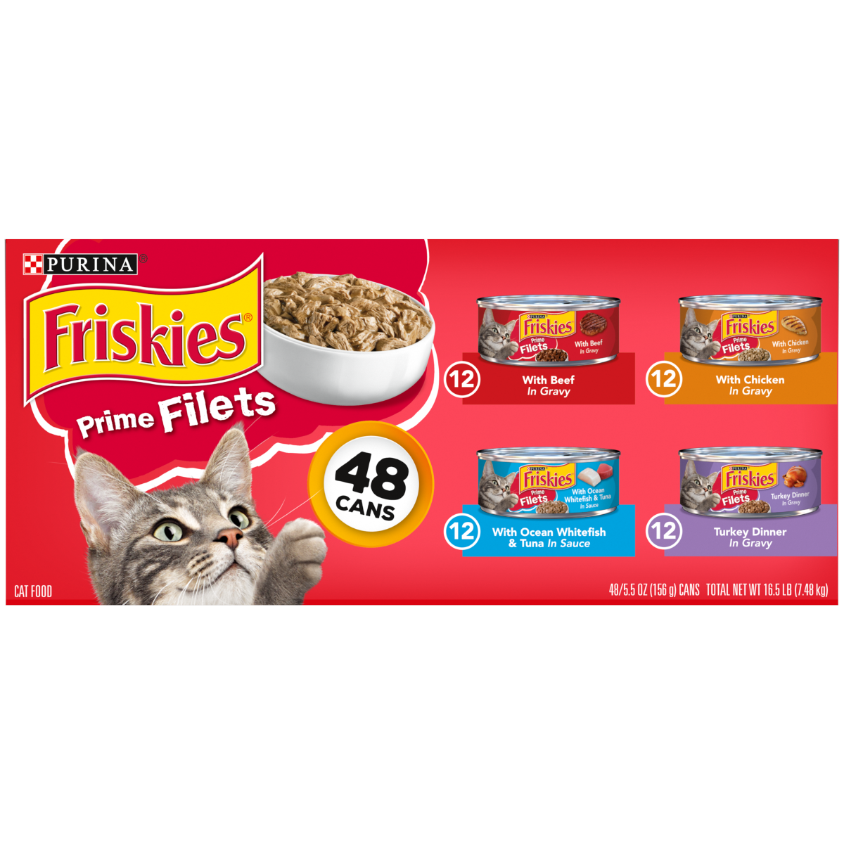 slide 2 of 13, Friskies Purina Friskies Wet Cat Food Variety Pack, Prime Filets Beef, Chicken, Ocean Whitefish & Turkey - (48) 5.5 oz. Cans, 5 oz, 48 ct