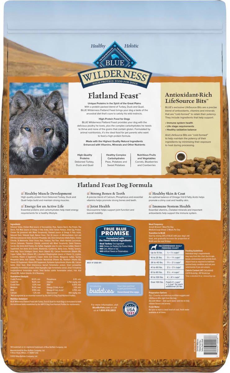 slide 6 of 12, Blue Buffalo Wilderness Flatland Feast High Protein, Natural Dry Dog Food with Turkey, Quail & Duck 22-lb, 4 lb