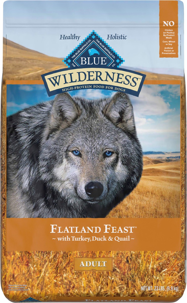 slide 7 of 12, Blue Buffalo Wilderness Flatland Feast High Protein, Natural Dry Dog Food with Turkey, Quail & Duck 22-lb, 4 lb