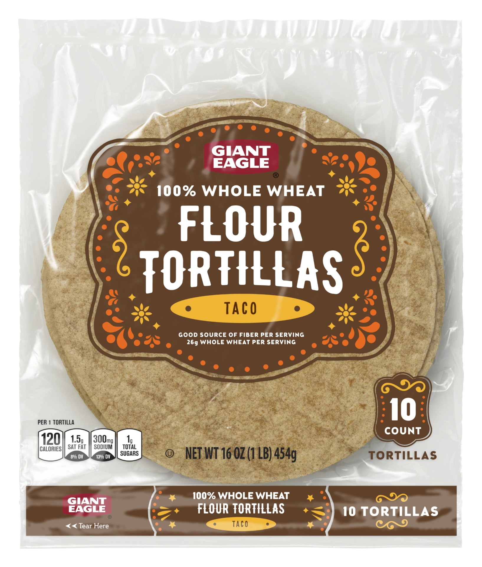 slide 1 of 1, Giant Eagle Flour Tortillas, Soft Taco Size, 100% Whole Wheat, 16 oz